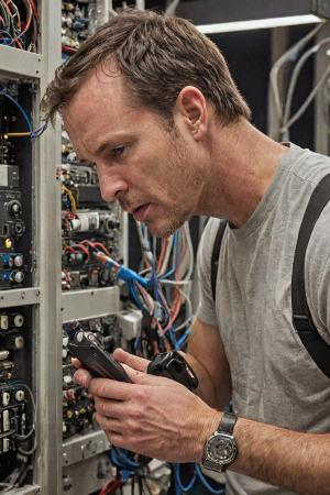 Technician working on phone equipment