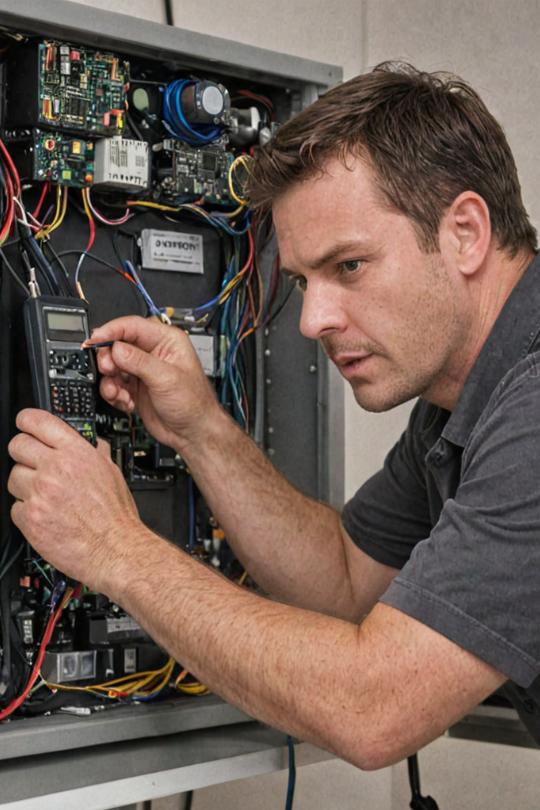 Technician installing phone equipment